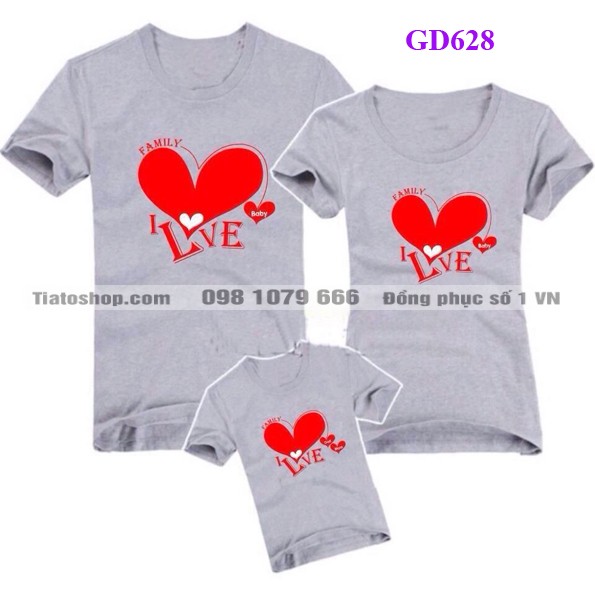 Áo gia đình mầu ghi in hình trái tim